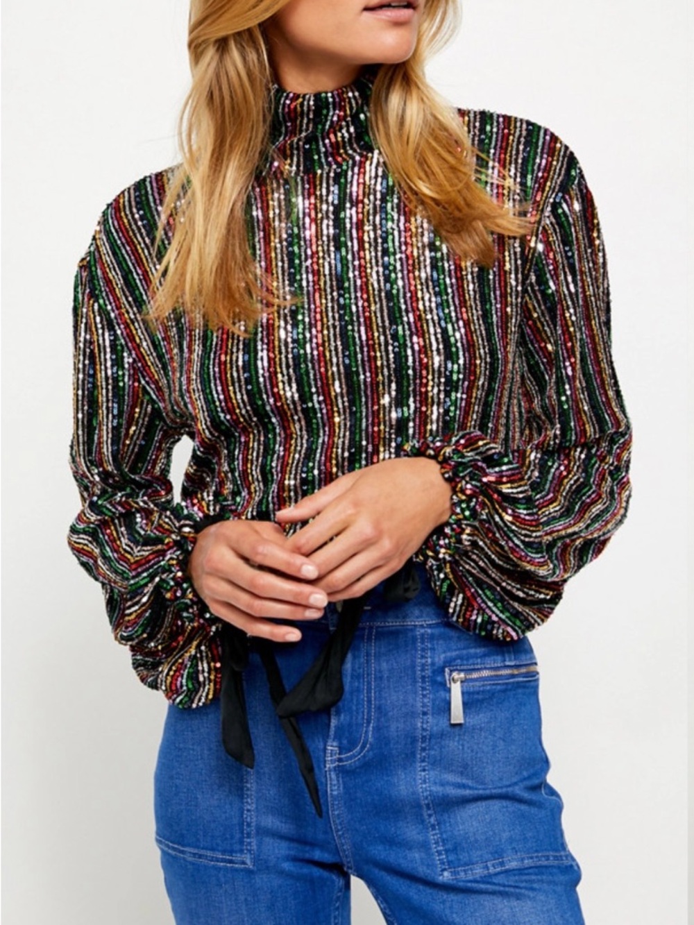 Free People Midnight City Rainbow Combo Sequin Mock Neck Top Size S NWT